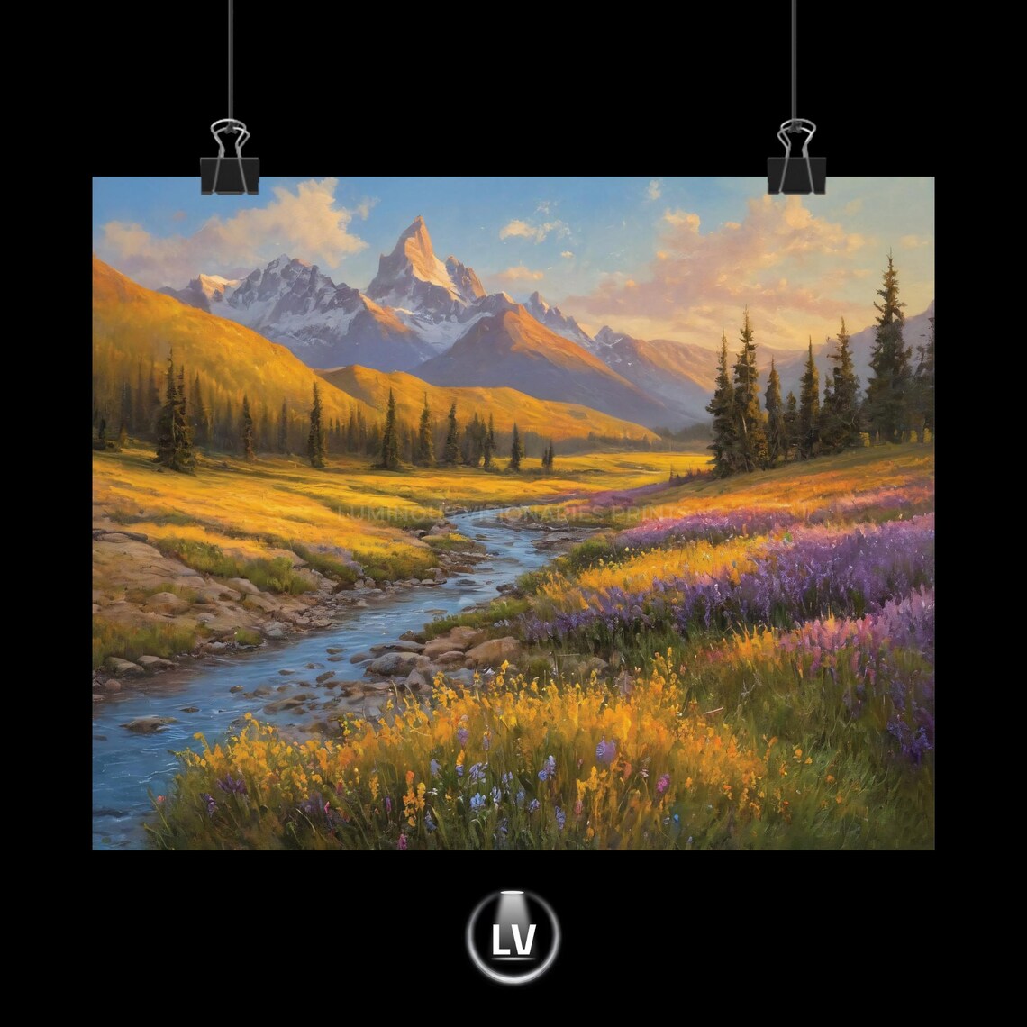 Snow Capped Peaks Painting Poster Wildflower Meadow and River