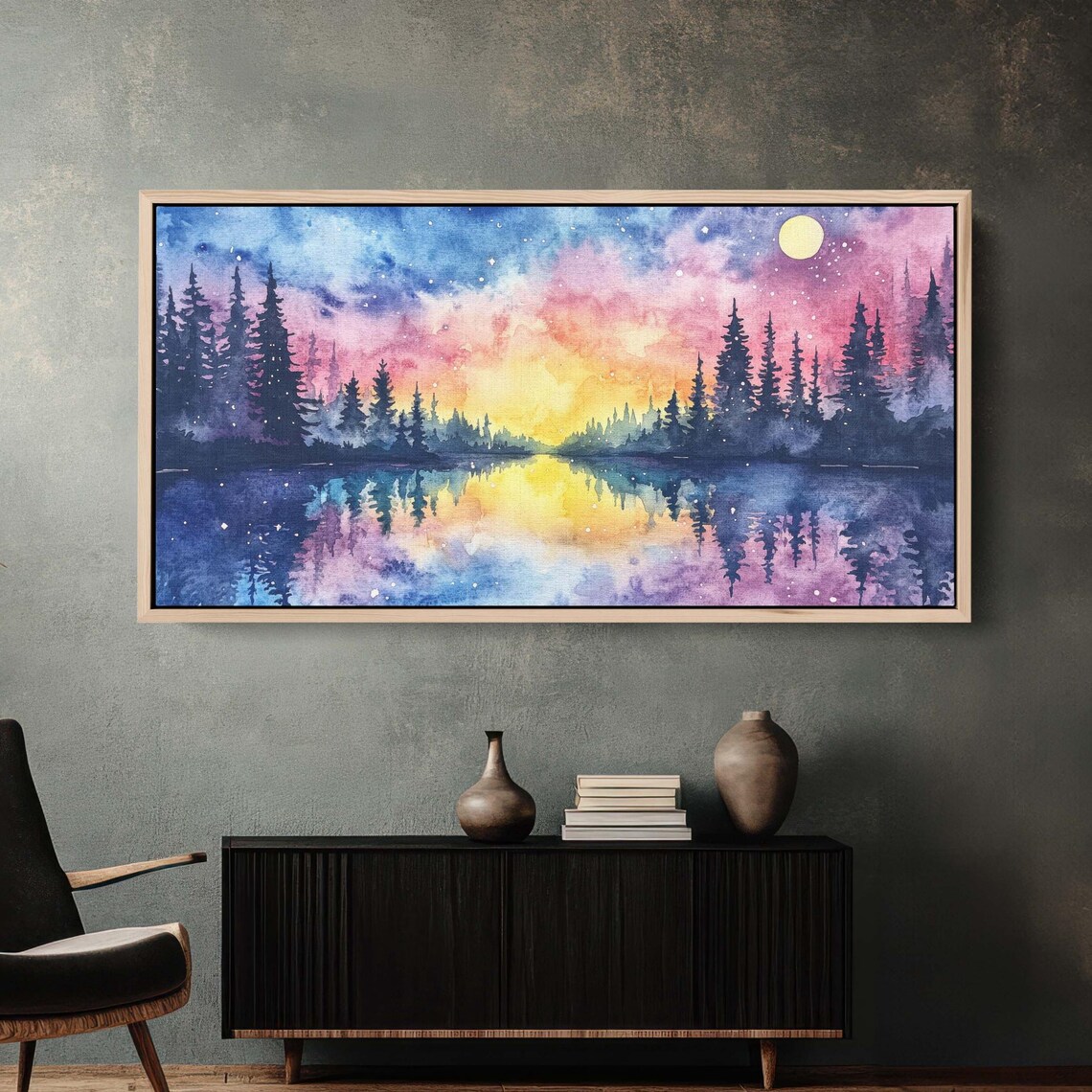 Mystical Lake Watercolor, Ethereal Sky Art Print