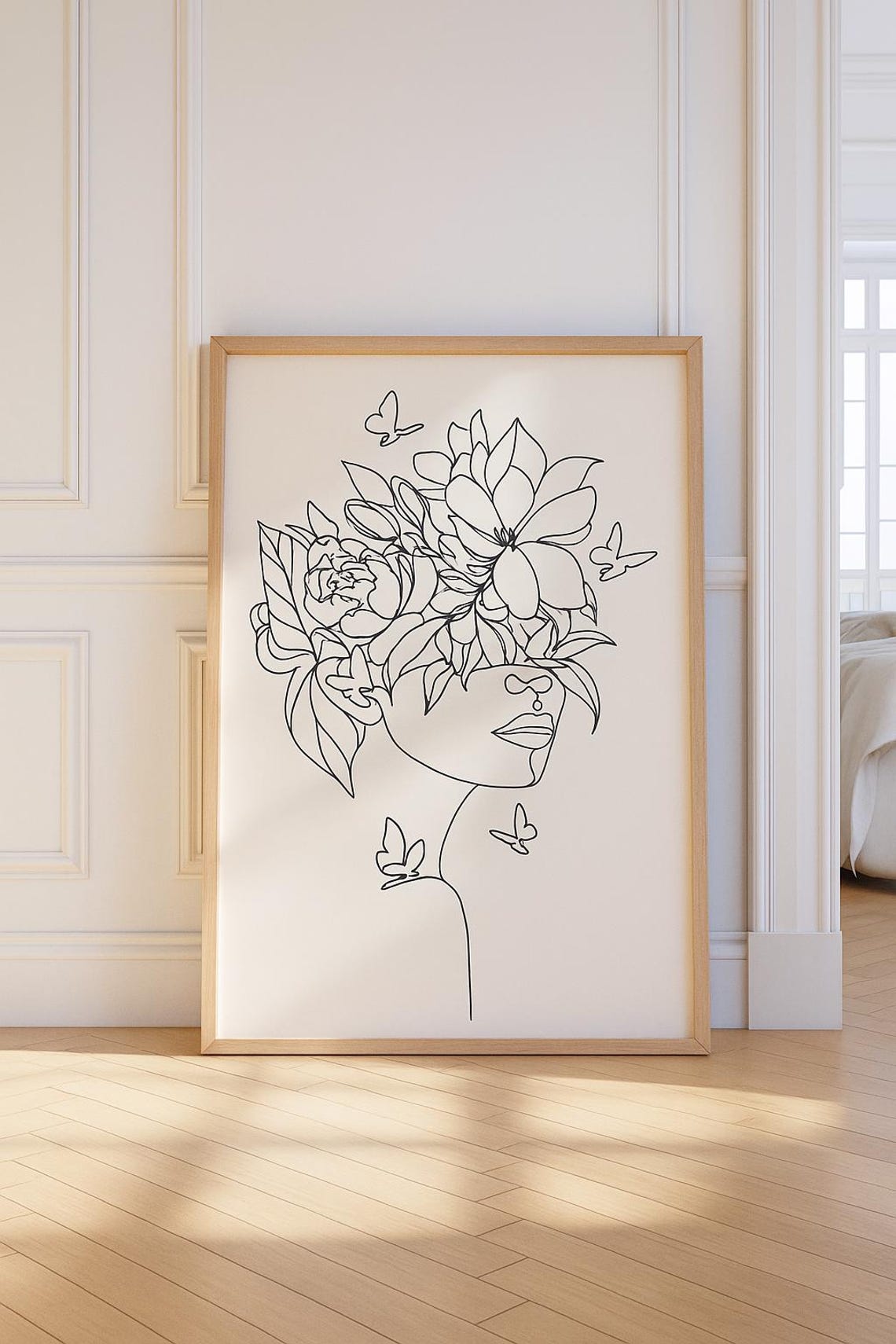 Floral Woman Line Art Print Boho Botanical Face Png Files