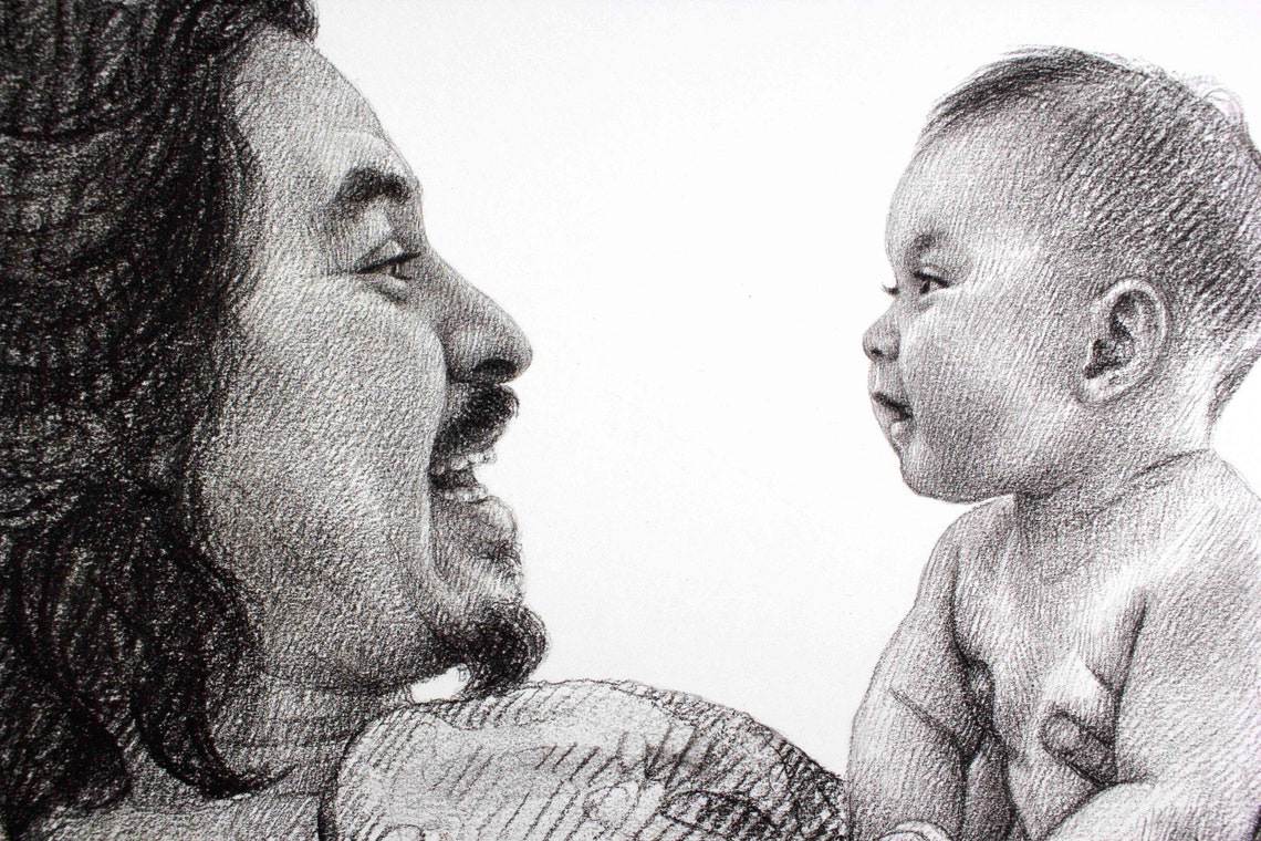 Bearded Father and Baby Custom Charcoal Portrait Sketch Art Print - Image 6