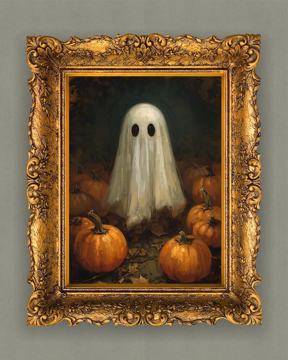 Vintage Halloween In Pumpkin Patch Artwork Classic Oil Painting Style Art Cute