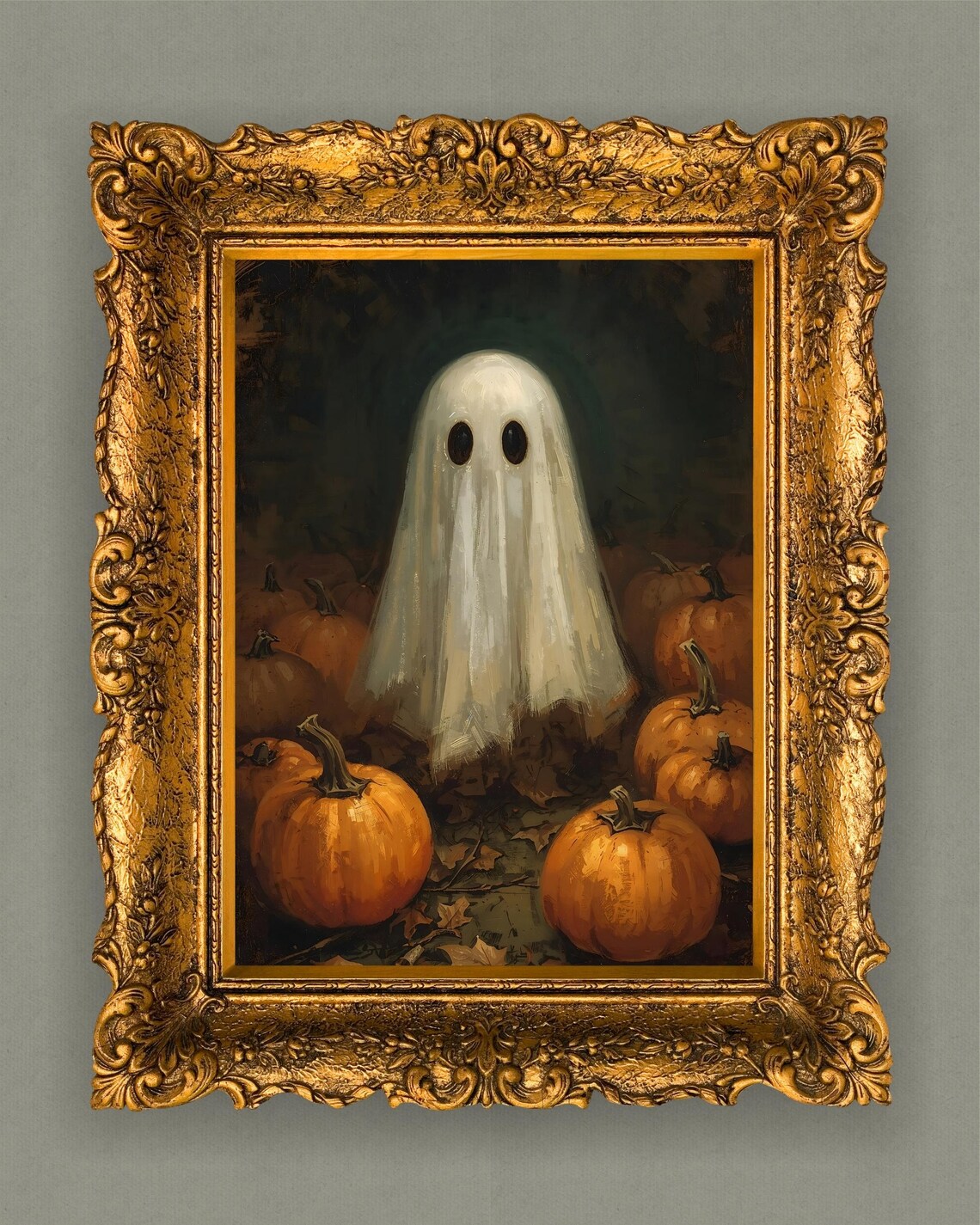 Vintage Halloween In Pumpkin Patch Artwork Classic Oil Painting Style Art Cute