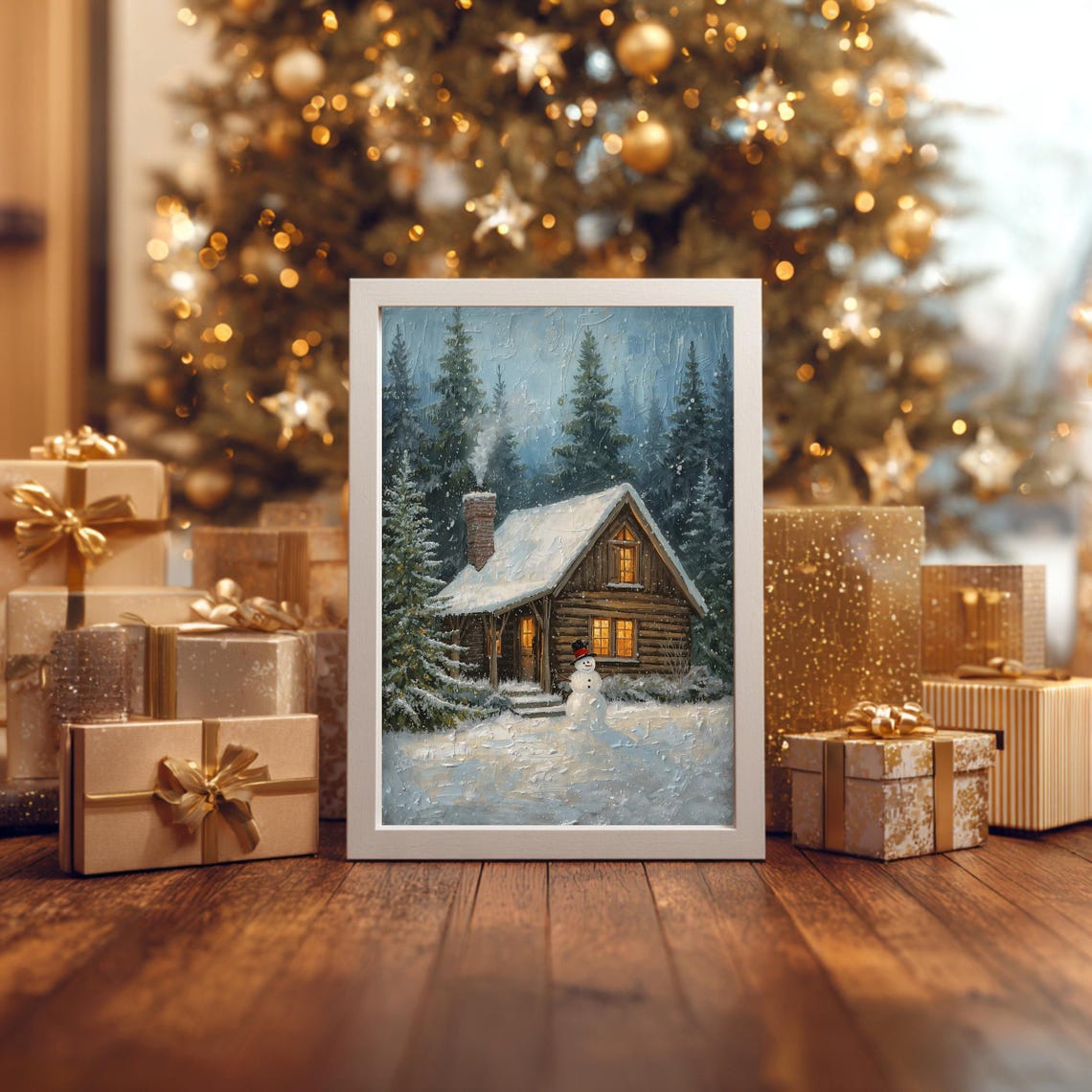 Rustic Snowy Log Cabin Christmas Winter Lodge Cozy Night Wall Art