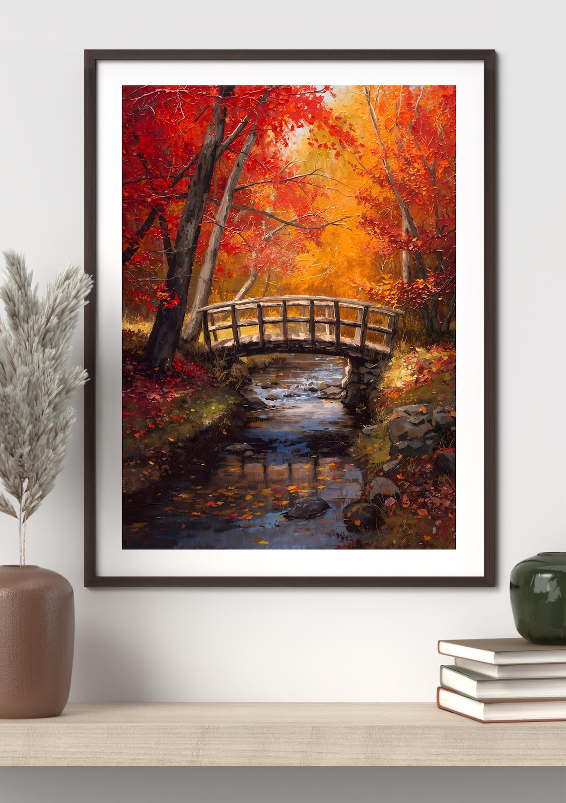 Autumn Forest Footbridge Over a Stream Oil Painting Fall Poster