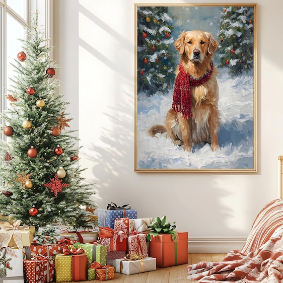 Golden Retriever Puppy Wearing Red Scarf In Fresh Snow Poster