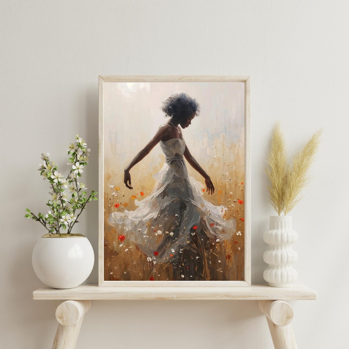Elegant Black Woman In White Dress Wildflower Field Art Poster