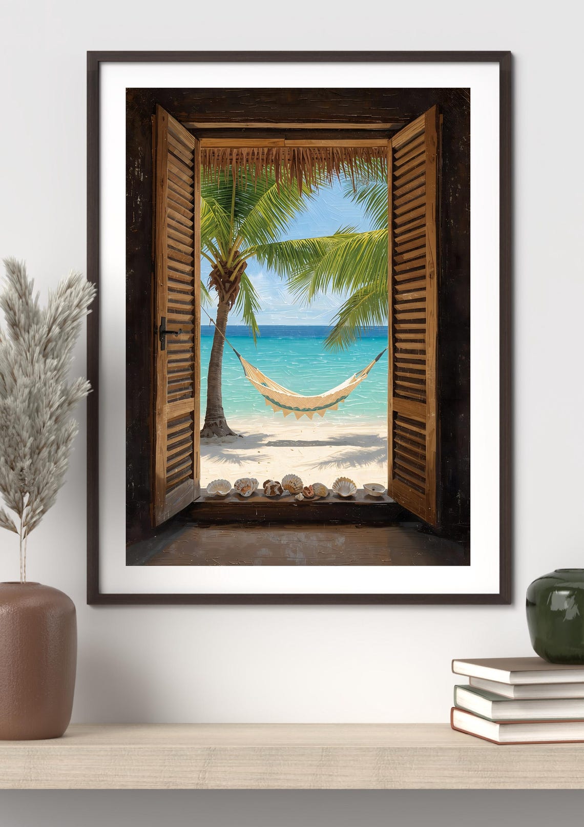 Tropical Beach Hammock Through Wooden Shutters Beach Poster Art