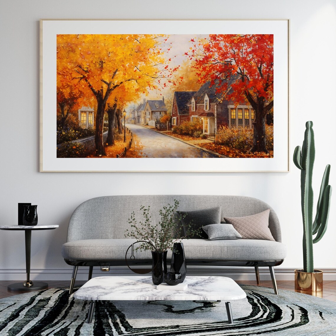 Autumn Village Street Golden Maples Brick Houses Painting Poster
