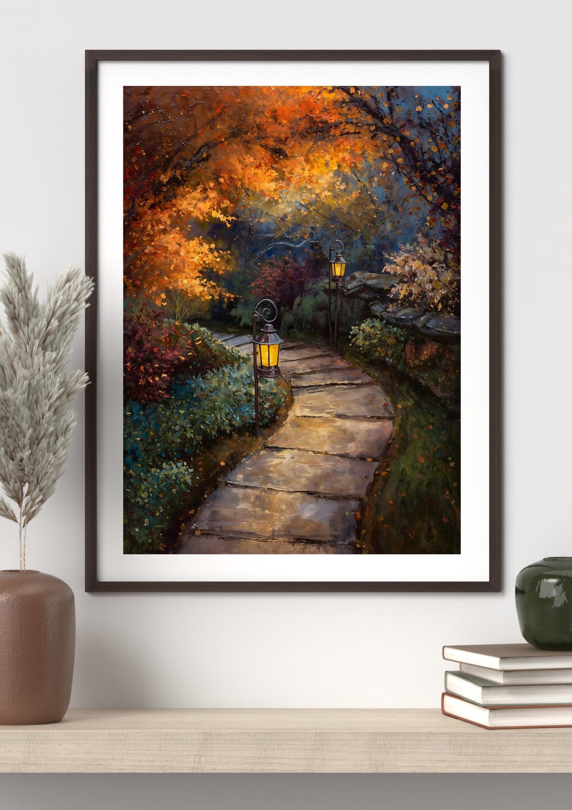 Autumn Garden Stone Path with Lanterns at Dusk Fall Poster for Walls
