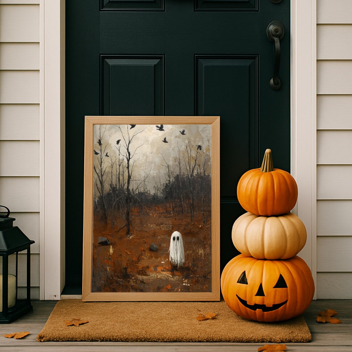 Autumn Woodland Ghost Crows Moody Halloween Vintage Wall Art
