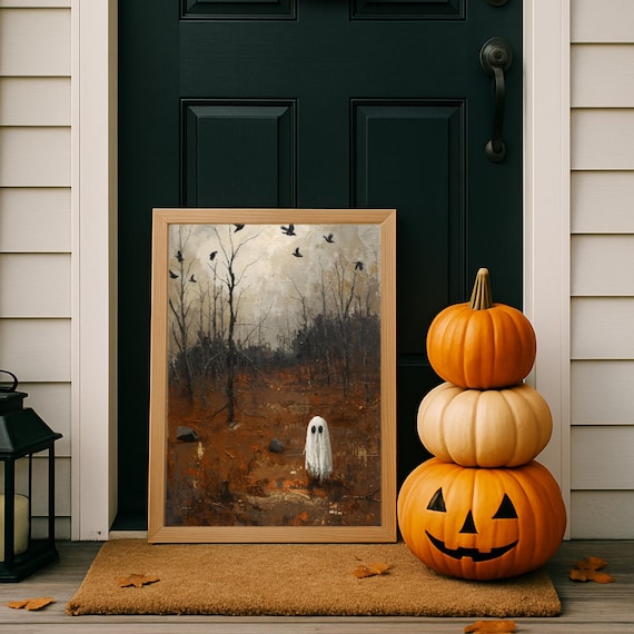 Small Autumn Forest Moody Halloween Wall Art Spooky Fall Landscape Painting Vintage