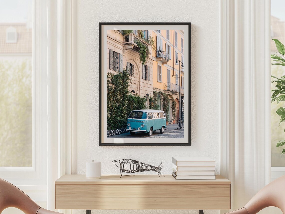 Milan Italy Vintage Blue Volkswagen Van Street Scene Photo Poster - Image 2