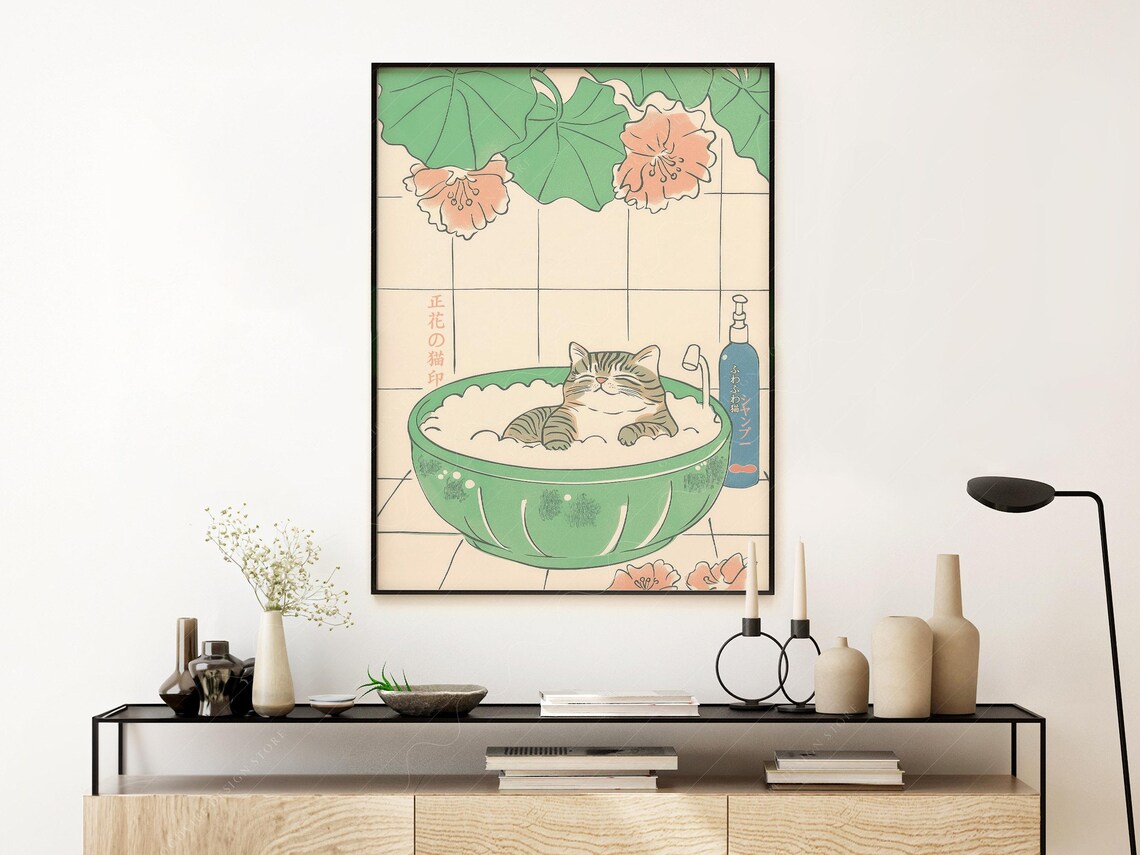 Tabby Cat In A Japanese Bath, Minimalist Poster - Image 3