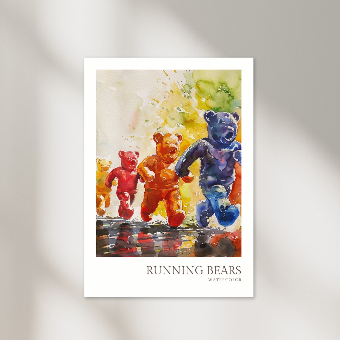Running Bears Colorful Gummy Bear Race Watercolor Funny Poster