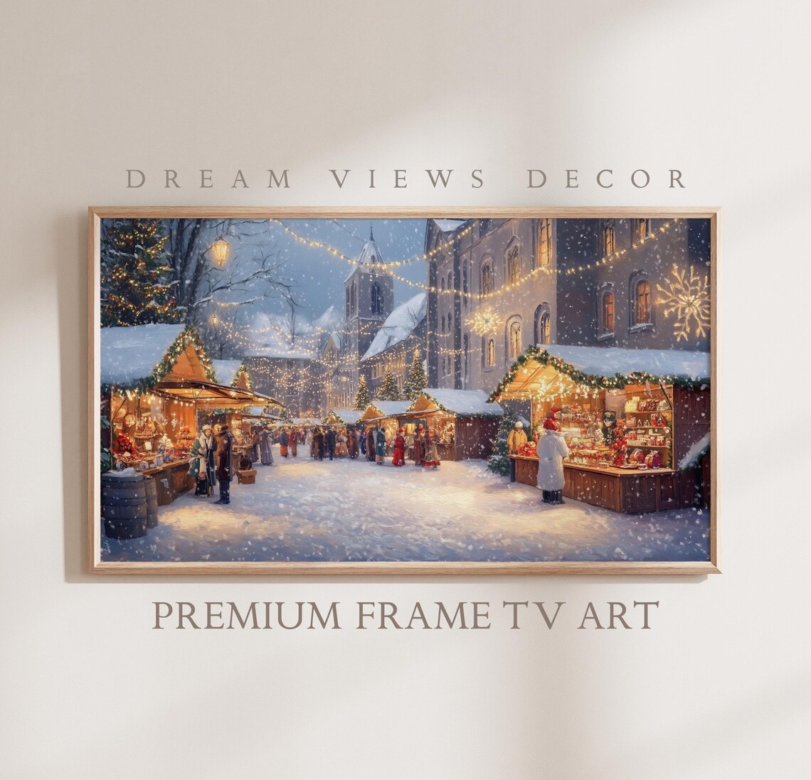Christmas Market Night Wooden Stalls String Lights Winter Art Poster