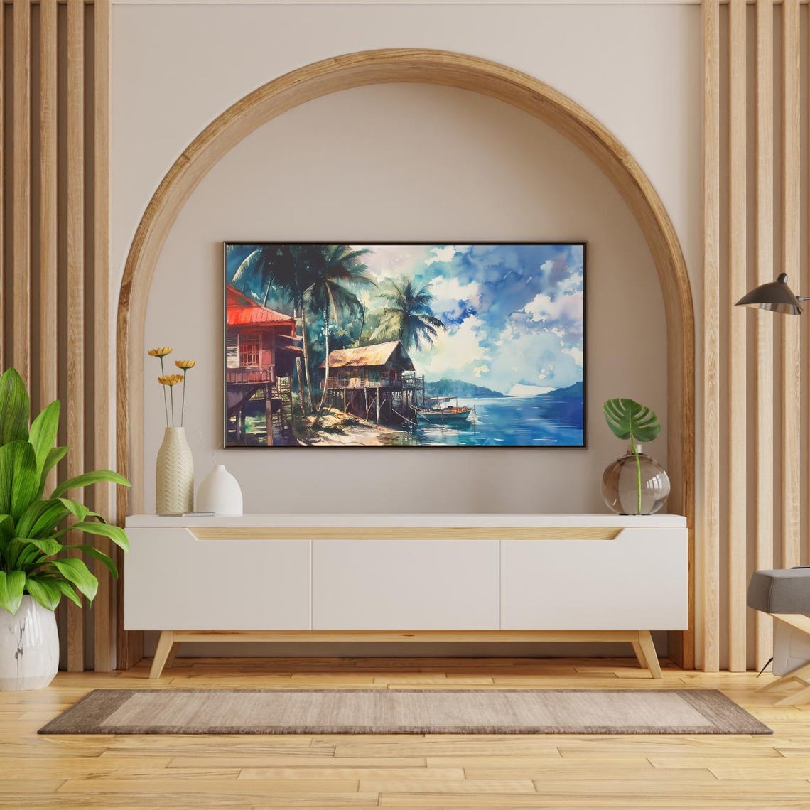 Tropical Philippines Stilt Huts Lagoon Watercolor Island Frame Poster - Image 2