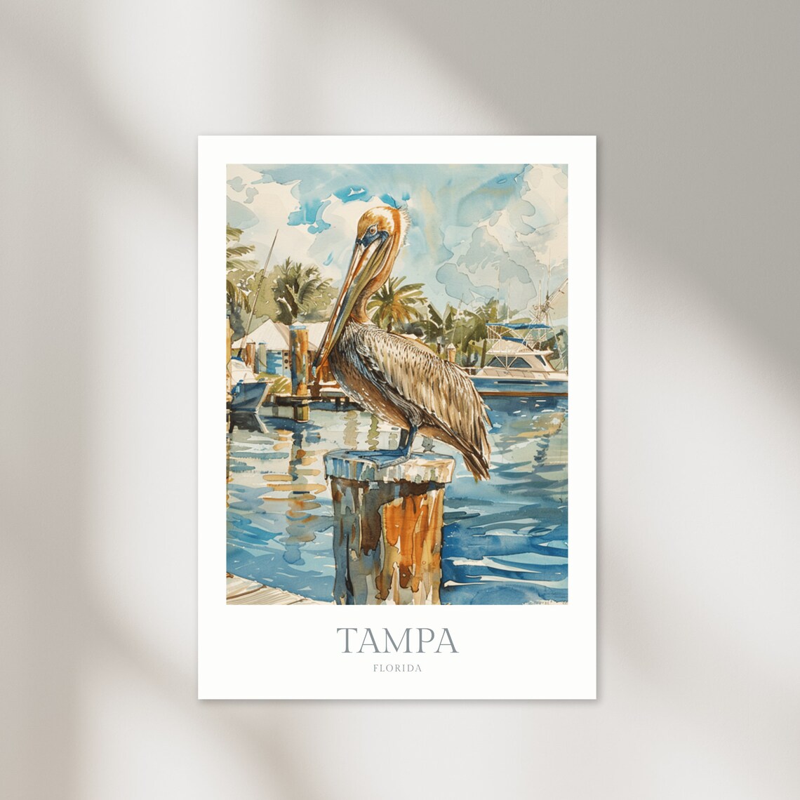 Tampa Florida Pelican On Harbor Piling Boats Watercolor Animal Poster
