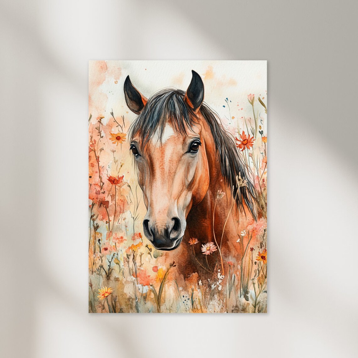 Chestnut Horse Portrait Amid Wildflowers Watercolor Horse Poster
