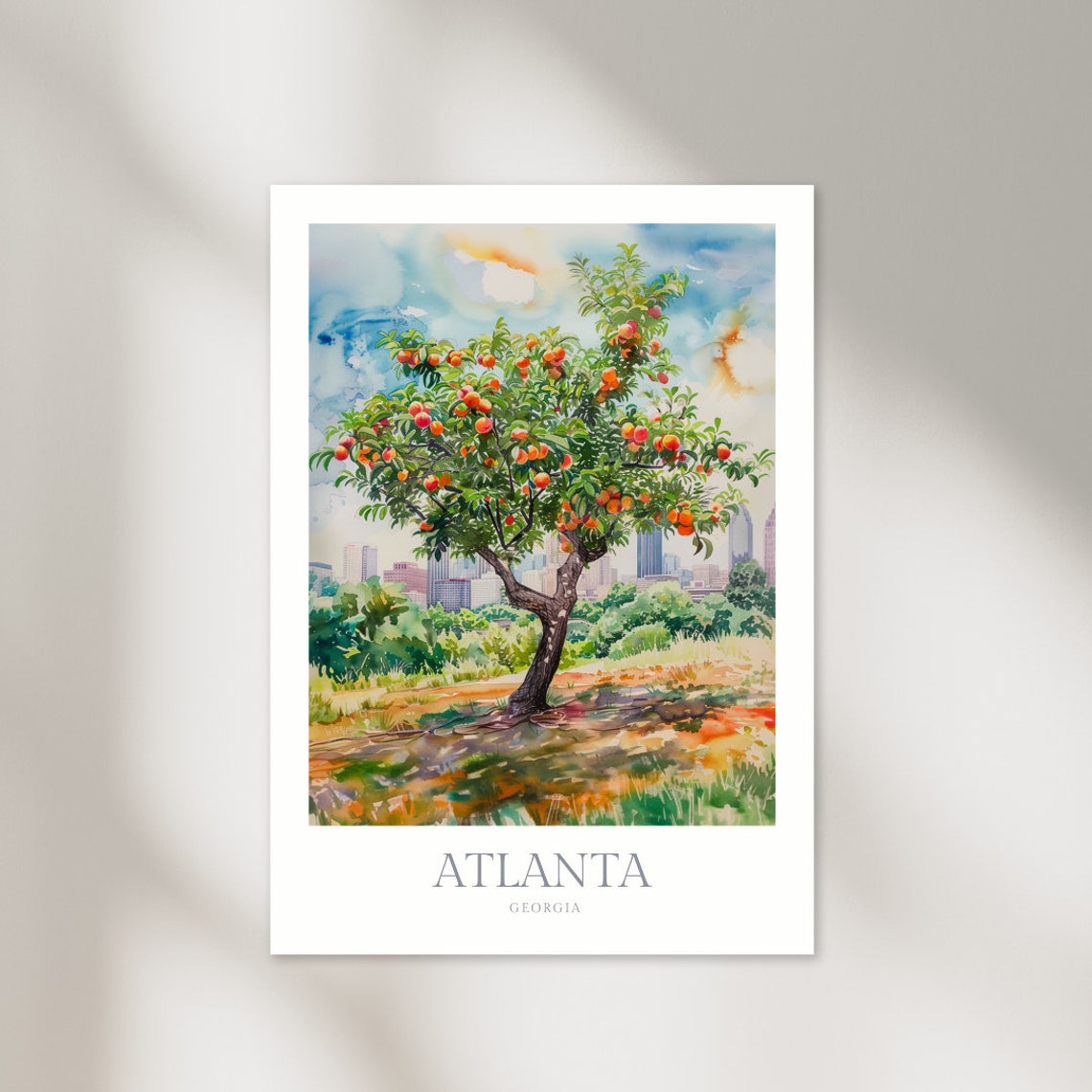 Atlanta Georgia Sunlit Orange Tree City Skyline Watercolor Poster