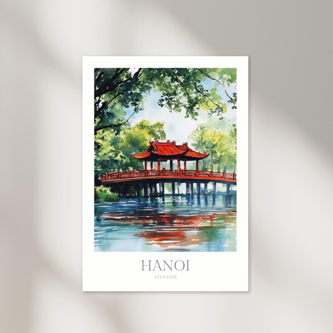 Hanoi Vietnam Red Bridge Pagoda Lake Watercolor Travel Poster
