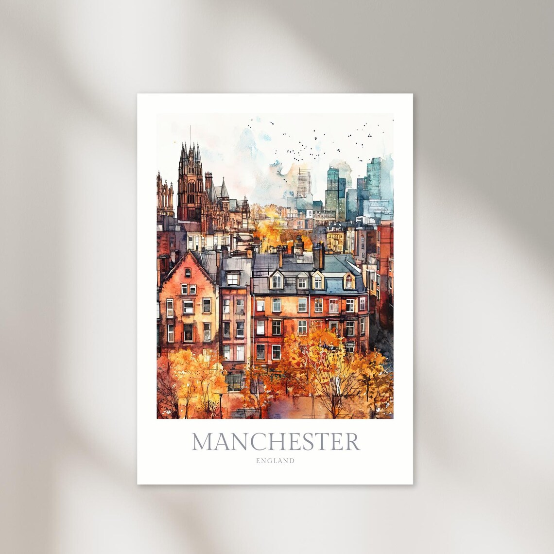 Manchester England Watercolor Autumn Skyline Cityscape Art Poster