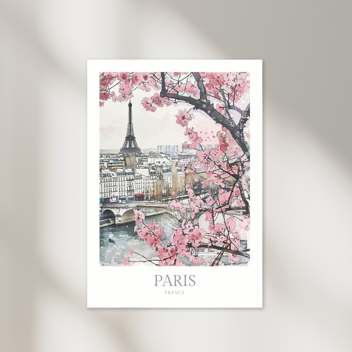 Paris France Eiffel Tower Cherry Blossom Watercolor Travel Poster