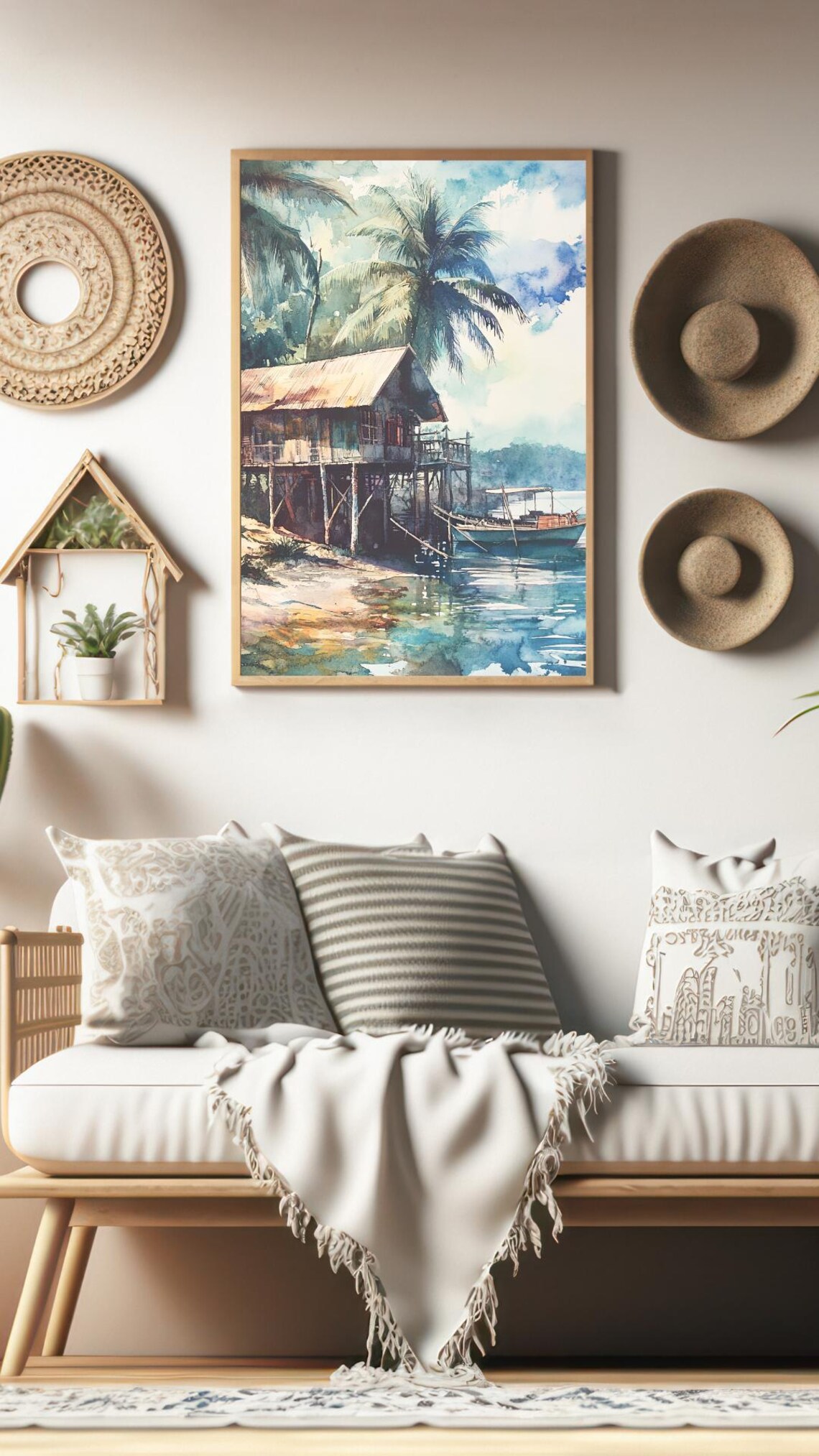 Philippines Tropical Stilt House Watercolor Beach Art Poster - Image 2