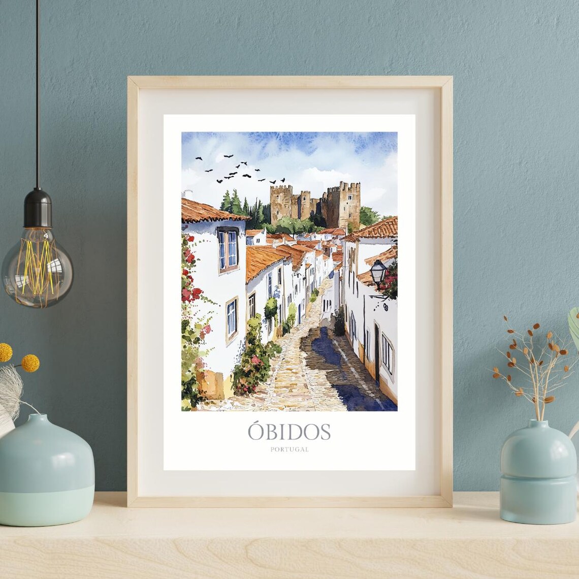 Obidos Portugal Watercolor Medieval Castle Cobblestone Street Poster - Image 2