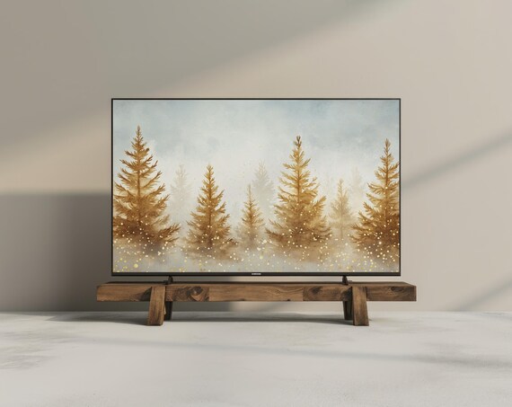Golden Pine Trees Misty Winter Forest Watercolor Nature Wall Art