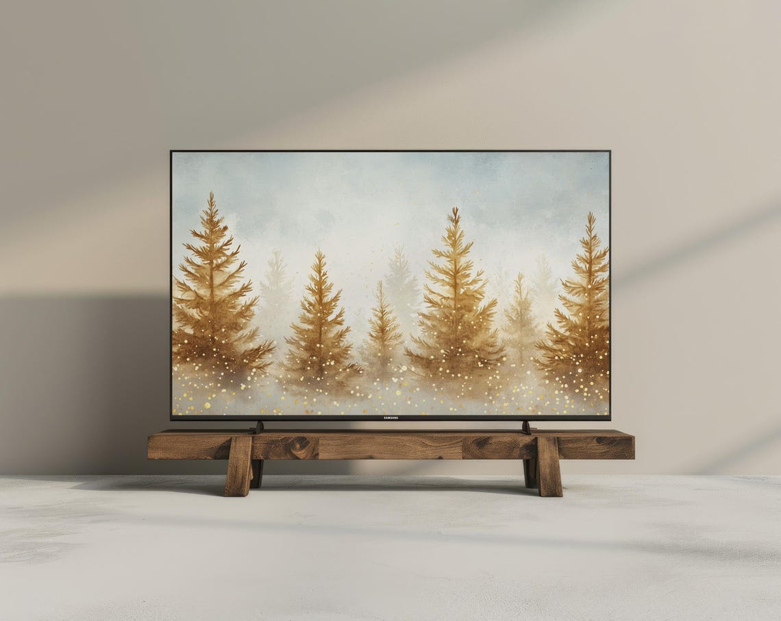 Golden Pine Trees Misty Winter Forest Watercolor Nature Wall Art