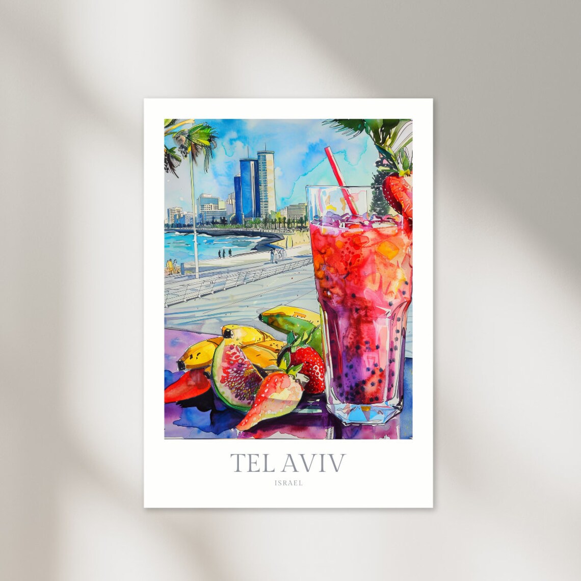 Tel Aviv Israel Watercolor Strawberry Smoothie Beach Travel Poster