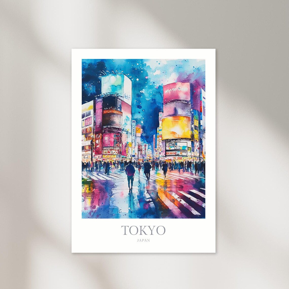 Tokyo Japan Neon City Crossing Night Lights Watercolor Street Poster