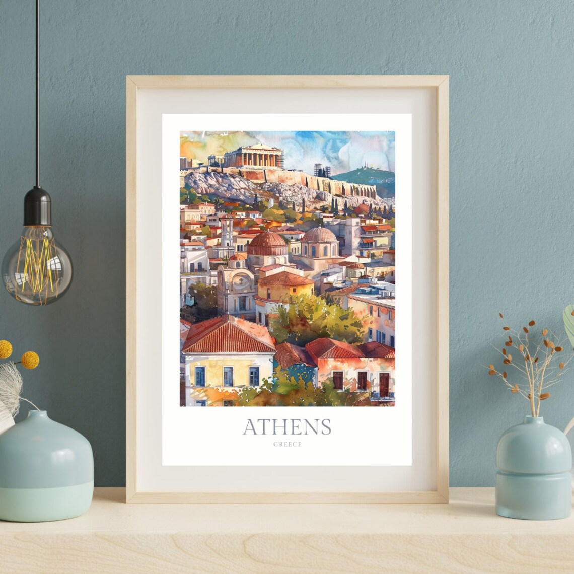 Athens Greece Watercolor Acropolis Parthenon Cityscape Travel Poster - Image 2