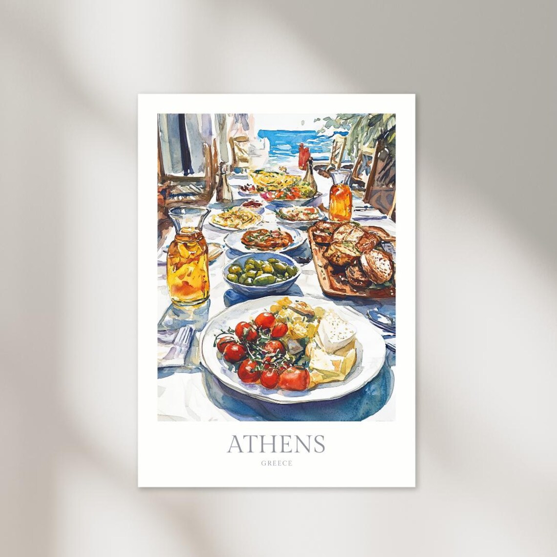 Athens Greece Watercolor Greek Food Table Mezze Feast Art Print
