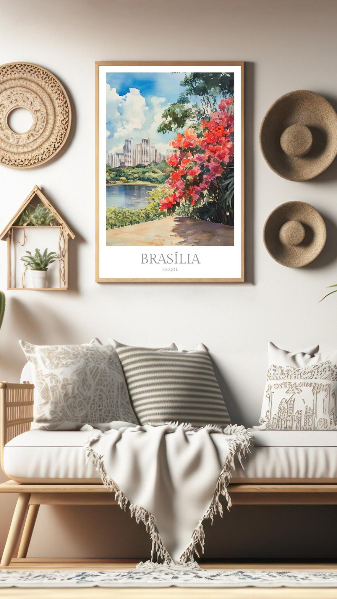 Brasilia Brazil Lake Skyline Red Flowers Watercolor City View Poster - Image 3