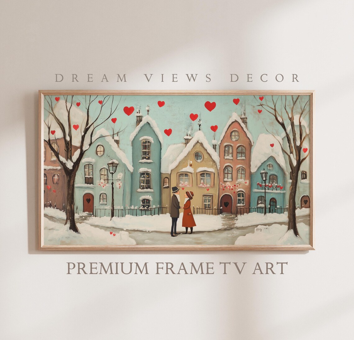 Valentine Snowy Town Couple Hearts Winter Romance Painting Wall Art