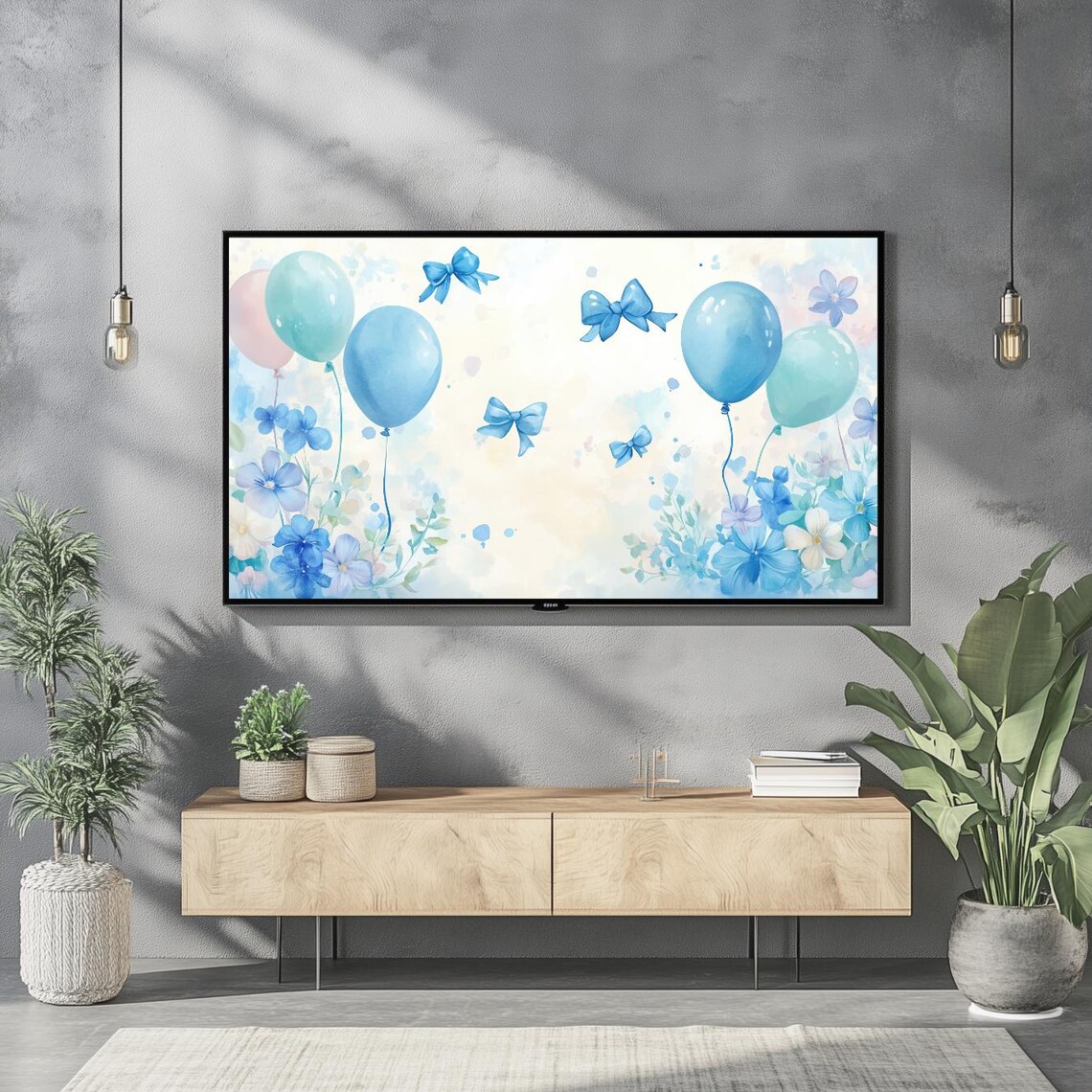Blue Balloons Bows Watercolor Baby Boy Nursery Soft Pastel Wall Art - Image 2