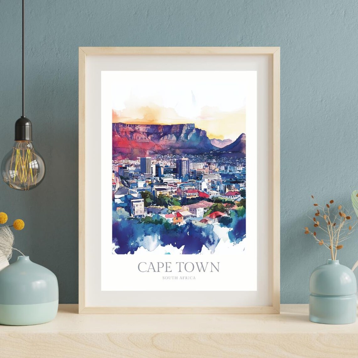 Cape Town South Africa Table Mountain Watercolor Skyline Poster - Image 2