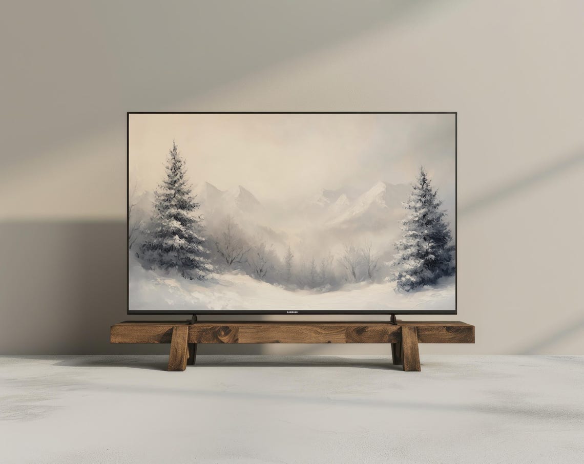 Snowy Evergreen Trees Misty Mountains Winter Neutral Frame TV Poster - Image 3