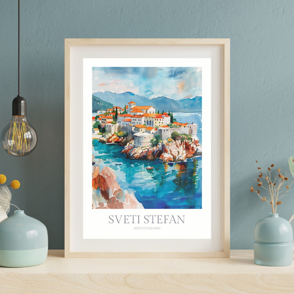 Sveti Stefan Montenegro Turquoise Water Watercolor Village Poster - Image 2