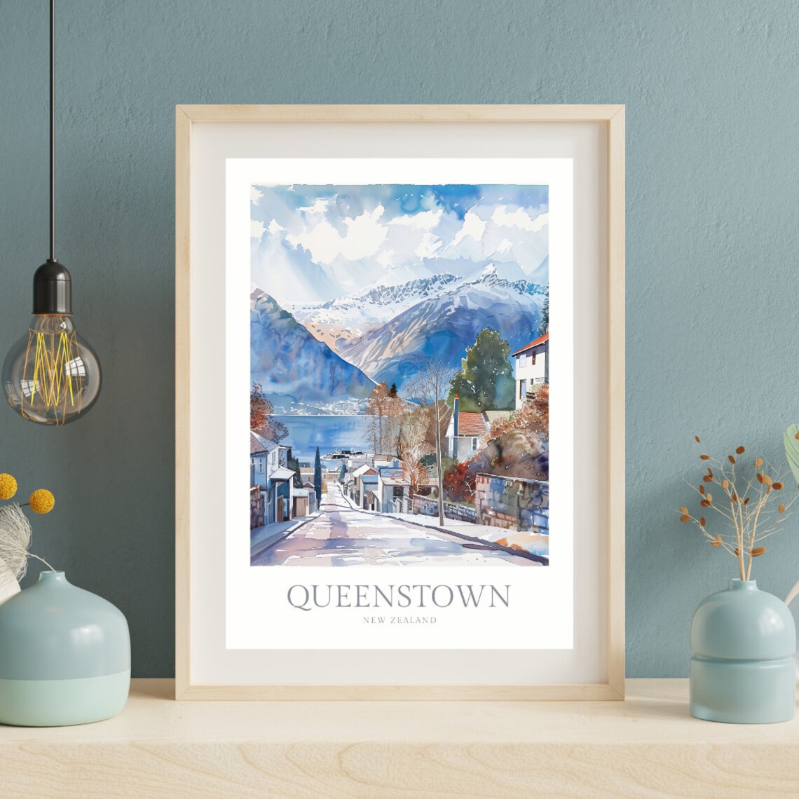 Queenstown New Zealand Lake Mountain Street Watercolor Poster - Image 2