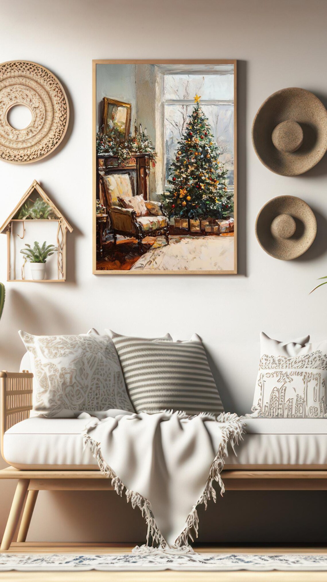 Cozy Christmas Tree Living Room Vintage Oil Painting Holiday Wall Art - Image 3