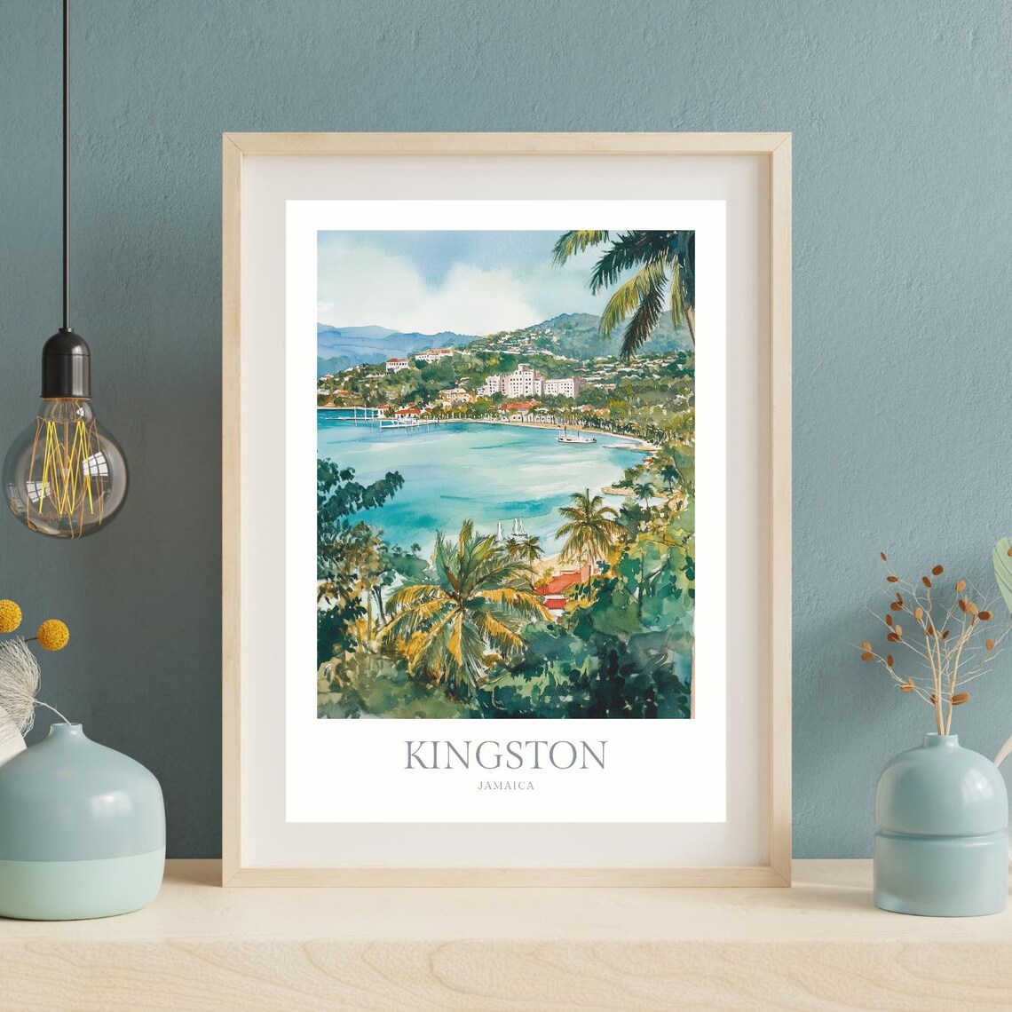 Kingston Jamaica Harbor Bay Watercolor Tropical Coast Travel Poster - Image 2