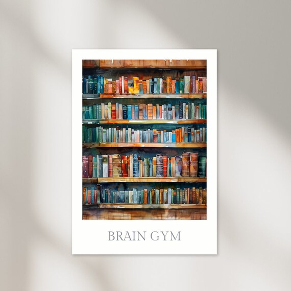 Brain Gym Vintage Bookshelf Library Watercolor Motivational Poster