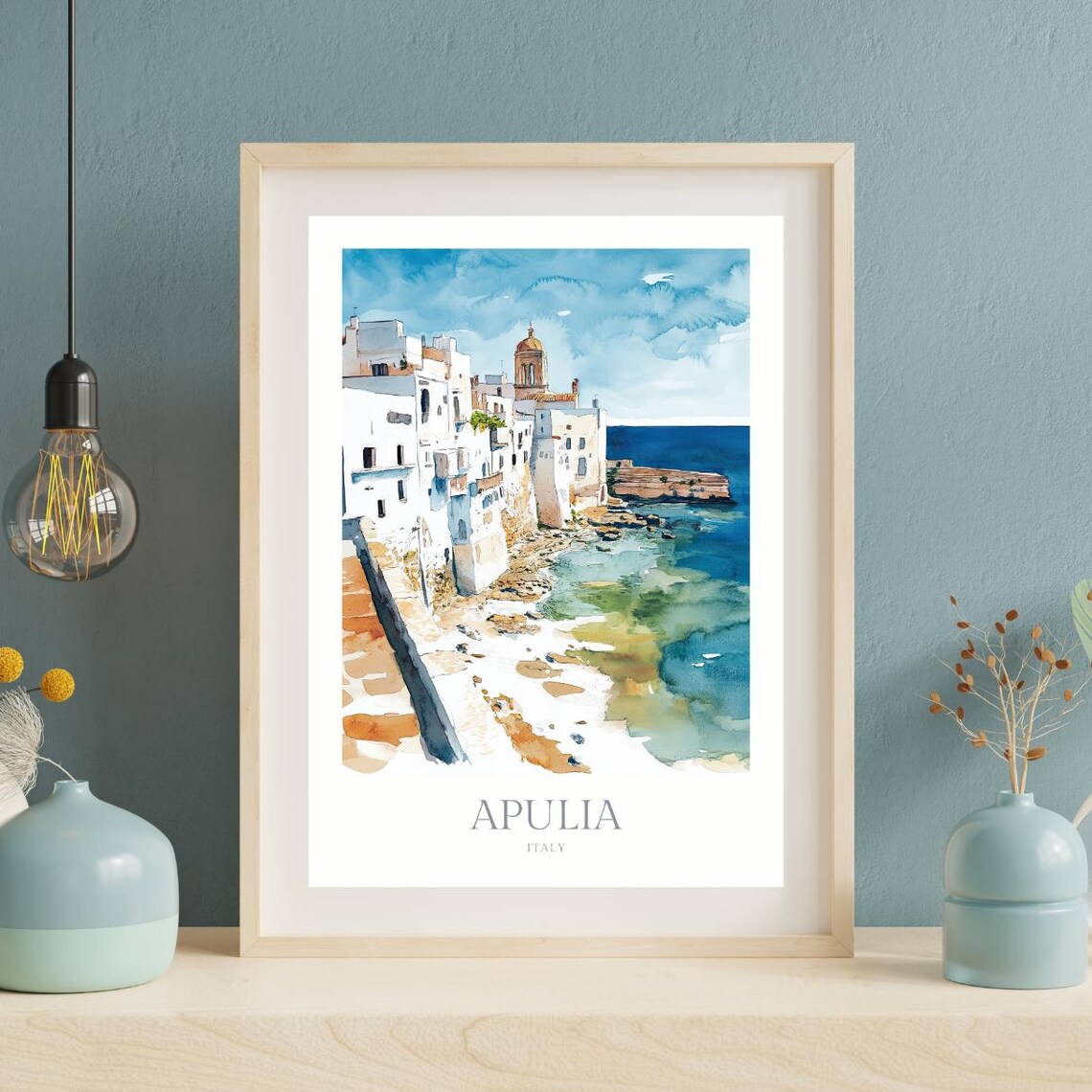 Apulia Italy Watercolor Coastal Town Whitewash Church Tower Poster - Image 2