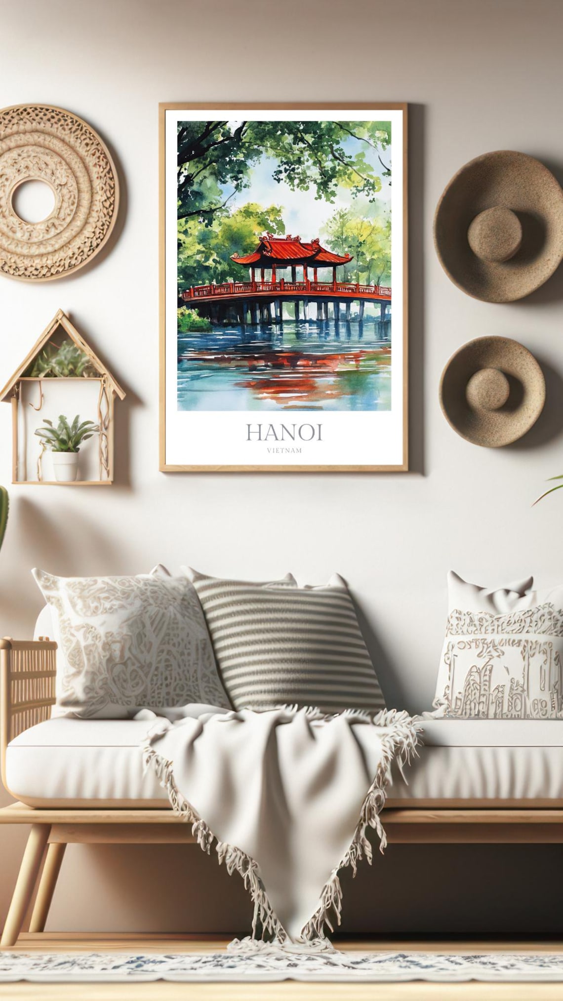 Hanoi Vietnam Red Bridge Pagoda Lake Watercolor Travel Poster - Image 2