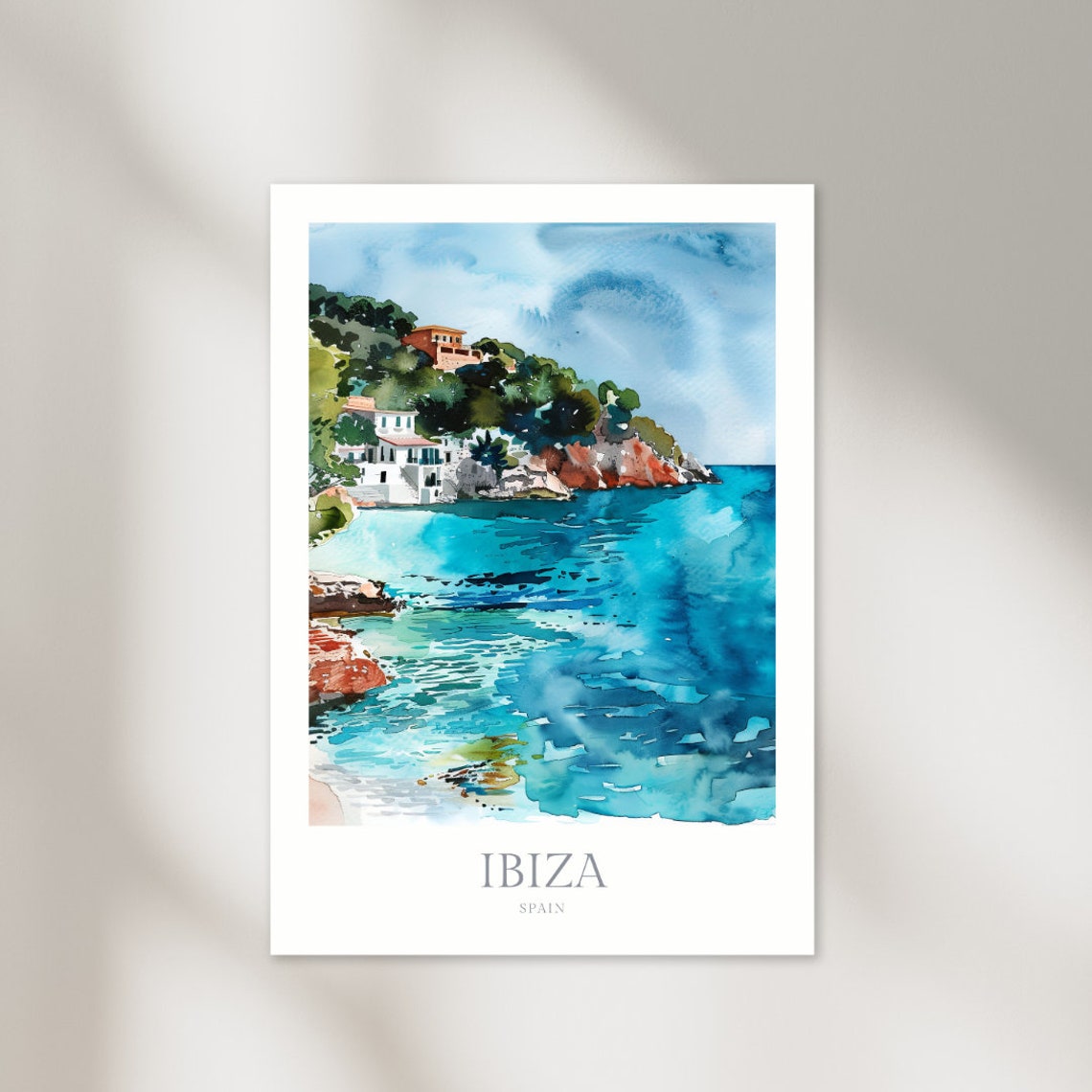 Ibiza Spain Sunlit Turquoise Cove White Villas Watercolor Poster