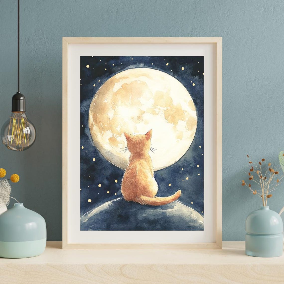 Ginger Cat Under Full Moon Watercolor Starry Night Nursery Poster - Image 2