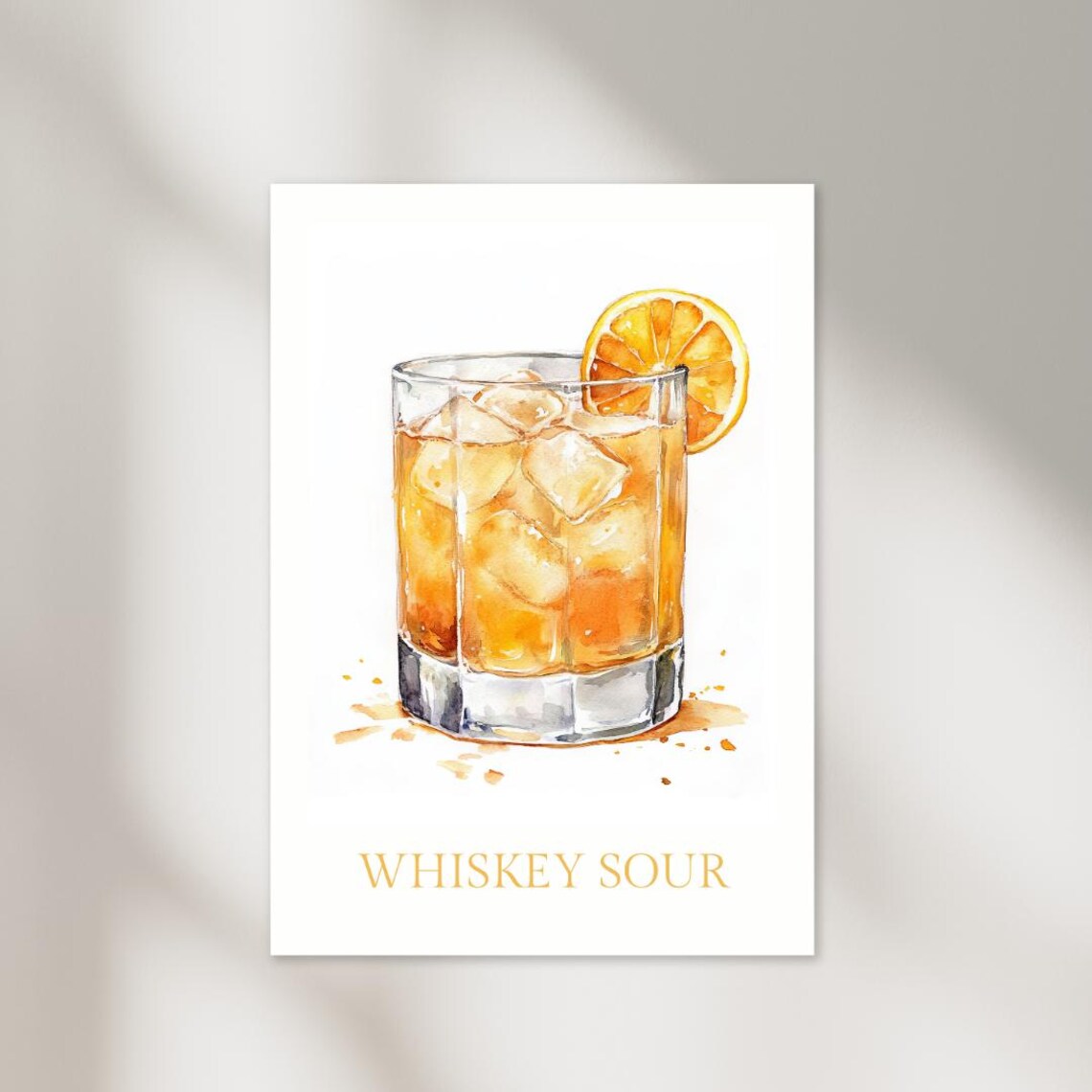 Whiskey Sour Watercolor Cocktail Poster Orange Slice Bar Cart Decor