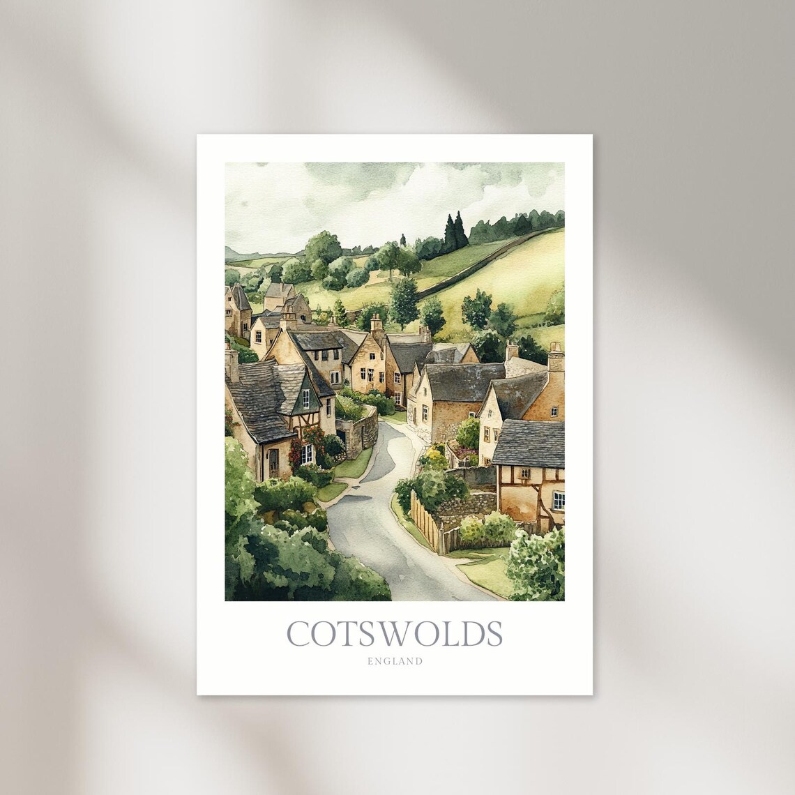 Cotswolds England Watercolor Stone Village Street Poster Countryside